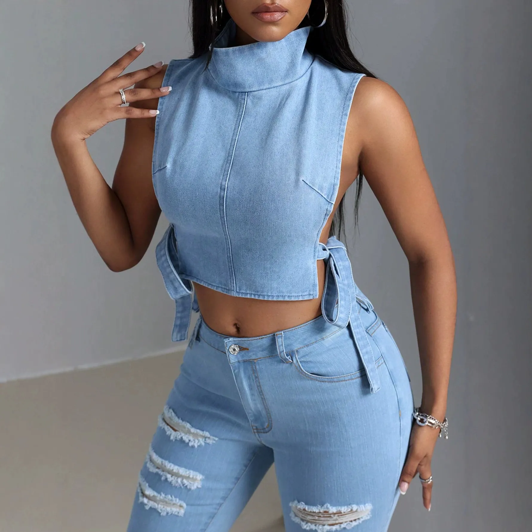 Women Sexy Denim Lace-up Crop Top Sleeveless Stand Collar Backless Hollow Out Streetwear Fashion Summer Tank Top For Women