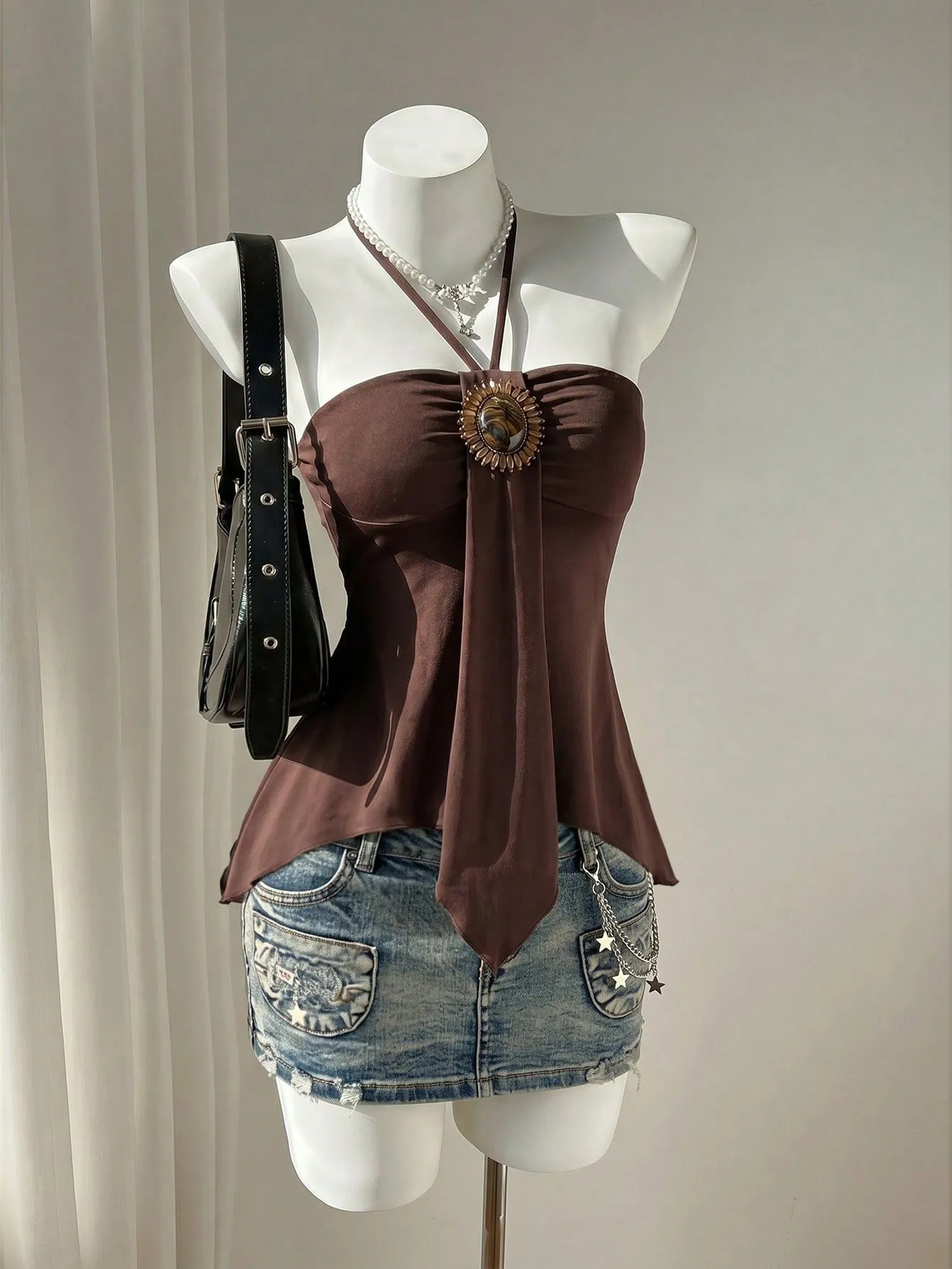 Débardeur Cami Dos Nu Vintage à Nouer pour Femmes Sexy Sans Manches Dos Nu Ourlet Volanté avec Pierre Précieuse Été Streetwear Hot Girl