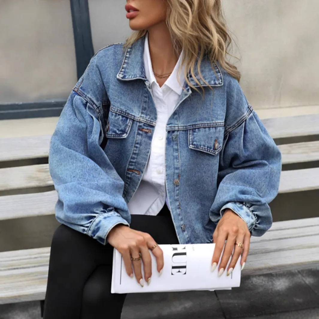 Women Oversized Cropped Denim Jacket Puff Sleeve Washed Jeans Jacket Button Front Pocket Casual Fashion Streetwear Denim Top