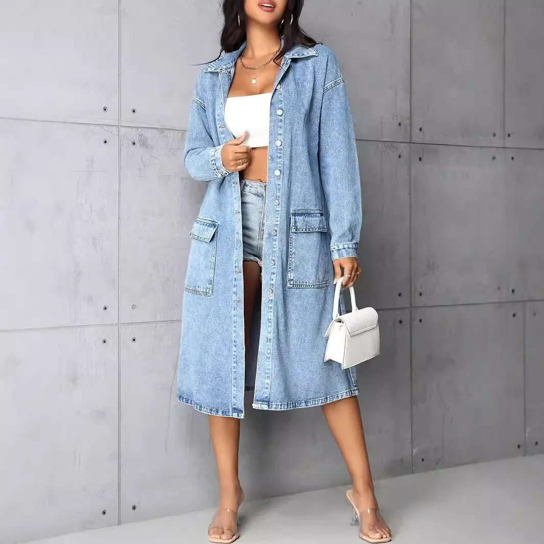 Chaqueta Cortavientos Larga de Mezclilla para Mujer Vintage Ajustada Azul Lavado Botonadura Sencilla Manga Larga Abrigo Vaquero