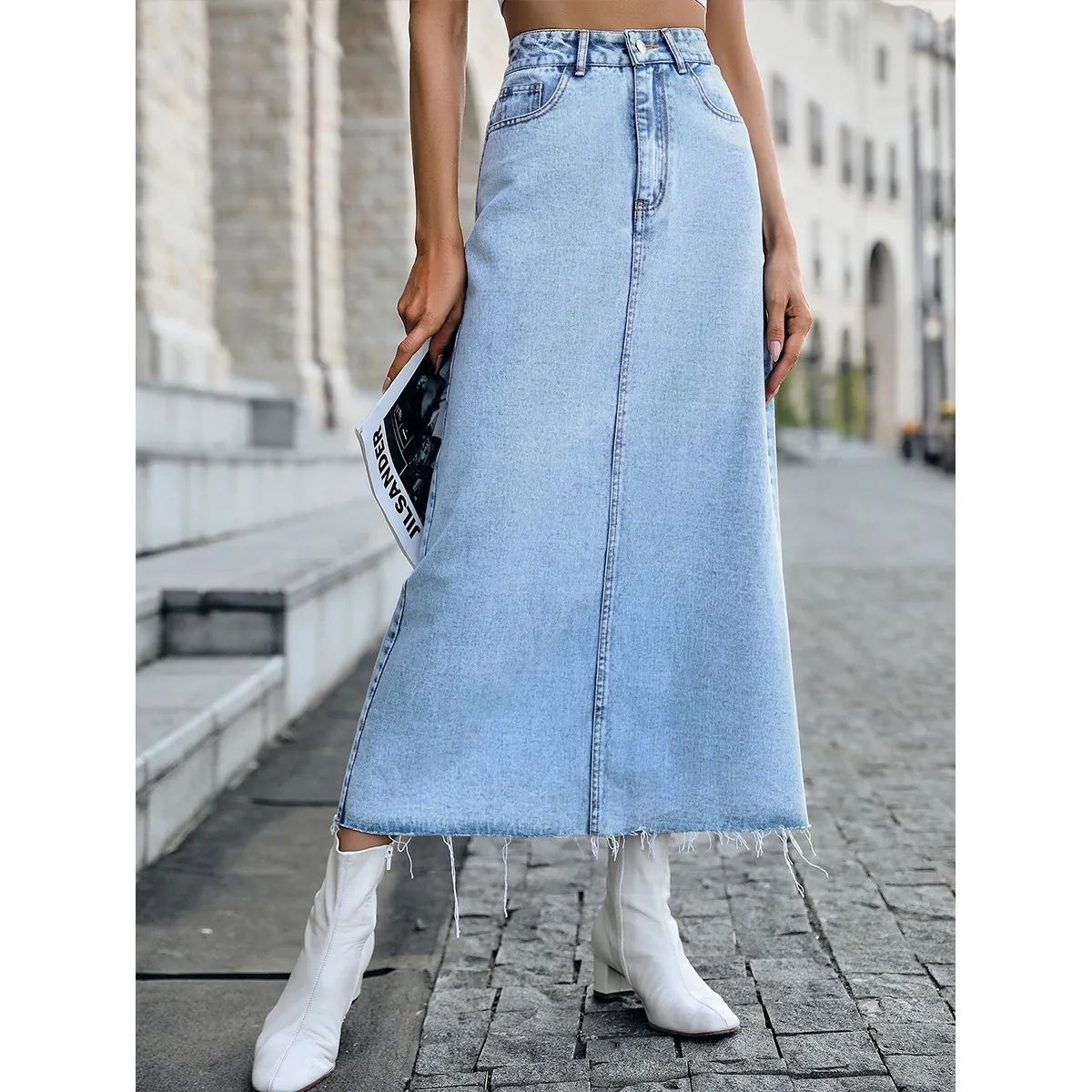 Women Retro High Waist Denim Maxi Skirt Casual Solid Color A-Line Jean Skirt With Raw Hem And Pockets Fashion Bottoms