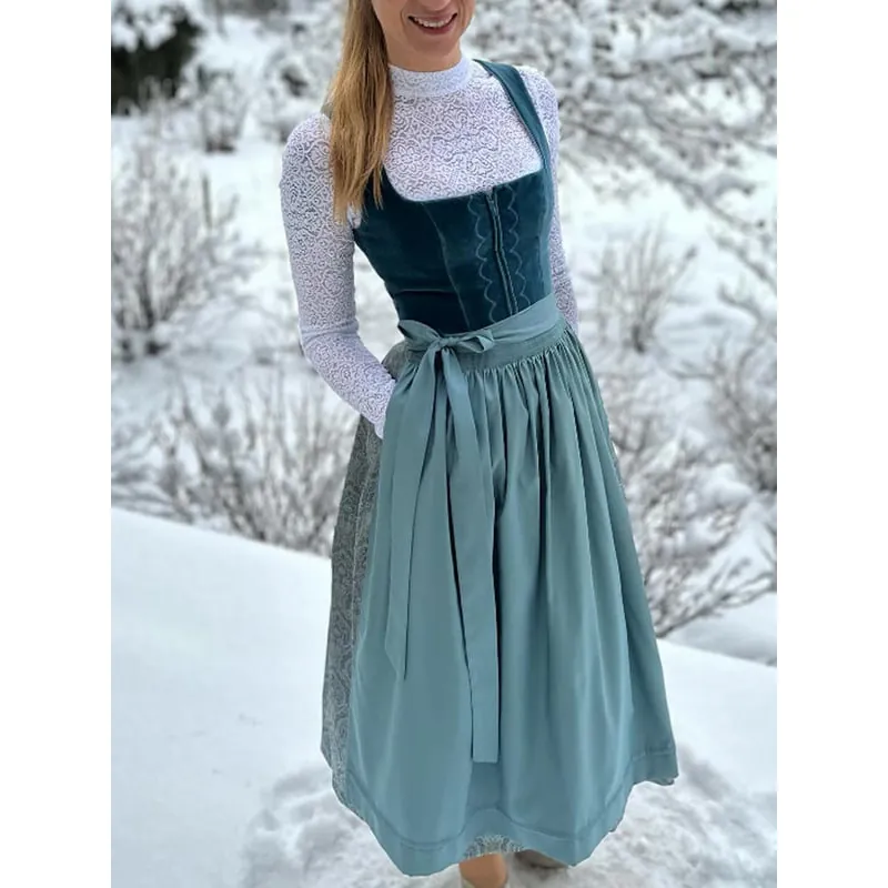 Vintage Women Oktoberfest Dirndl Dress Polyester Velvet Lace Top And Bottom Elegant Retro Bavarian Beer Festival Party Costume