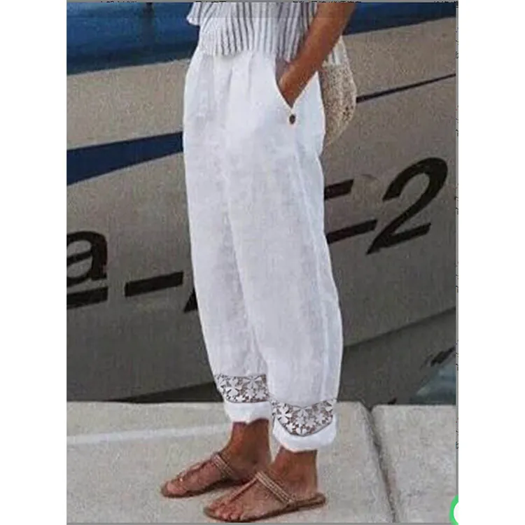 Pantaloni Casual da Donna in Cotone e Lino con Patchwork di Pizzo Pantaloni Traspiranti Larghi con Tasche a Vita Alta Tinta Unita