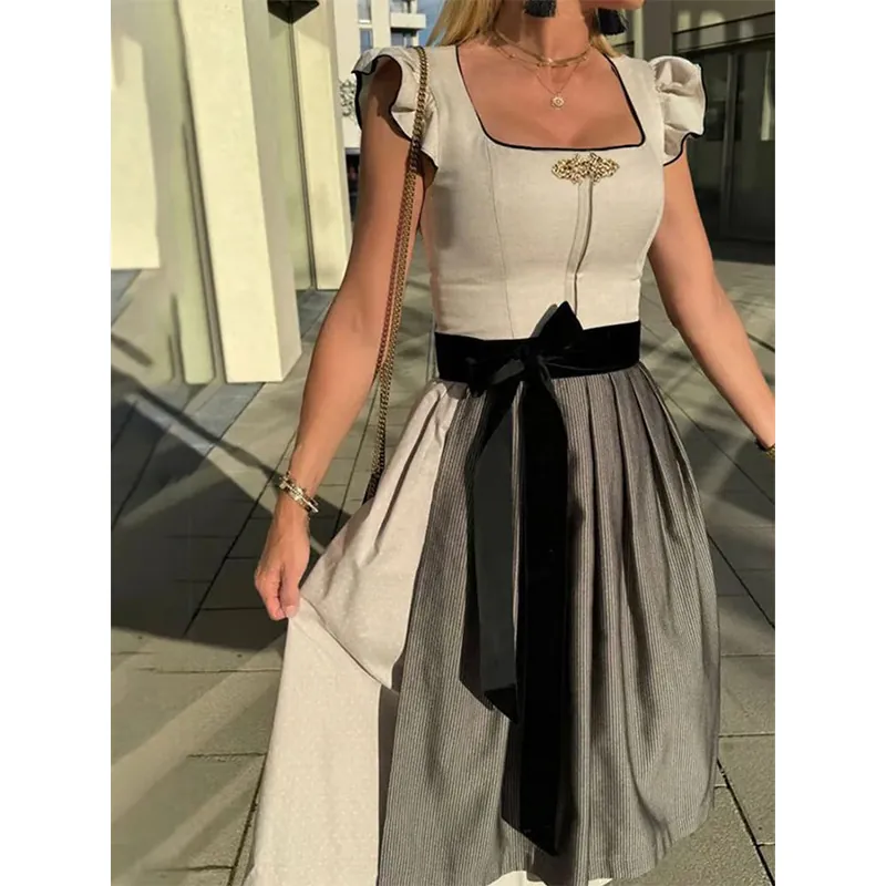 Women Traditional German Oktoberfest Dirndl Dress Champagne Square Neck Patchwork Flounce Sleeve Striped Beer Maid Costume
