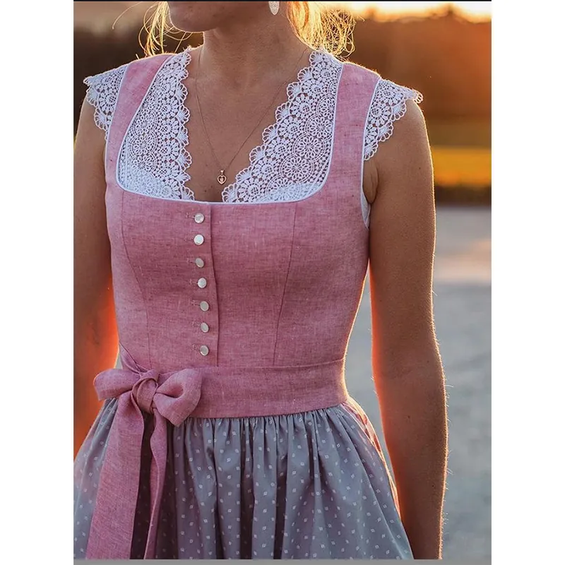 Abito Dirndl Tedesco Tradizionale da Donna Poliestere Pesca Rosa Blu Grigio Bordo in Pizzo Bottone Perla Costume Folk Oktoberfest Con Cintura