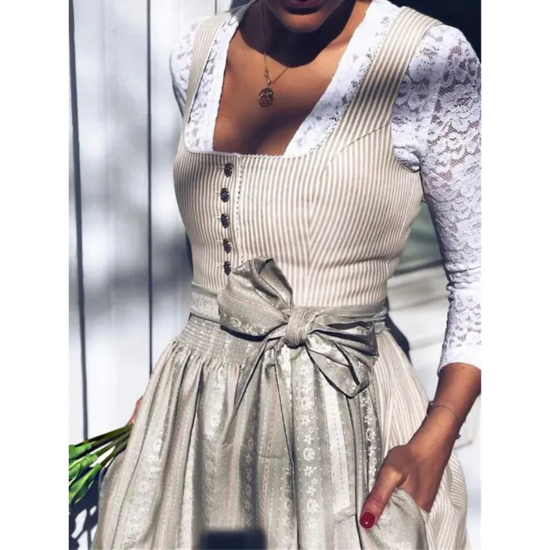 Ensemble de Robe Dirndl Traditionnelle Allemande de l'Oktoberfest pour Femmes Vintage Mélange de Coton Chemise en Dentelle Corsage Rayé Tablier Floral