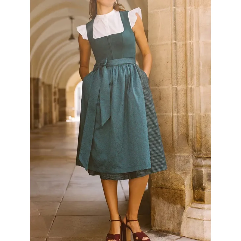Elegante Vestito Dirndl da Donna per Oktoberfest Costume Tradizionale Tedesco con Grembiule Floreale Ricamato Outfit da Festa Etnico Retrò