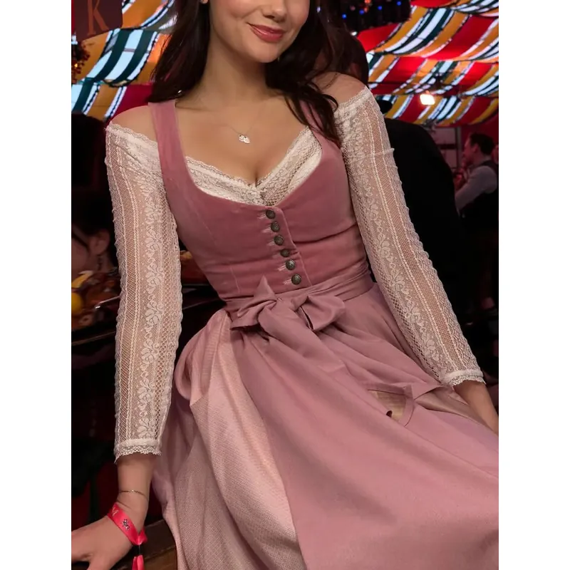 Women Oktoberfest Dirndl Dress Traditional German Munich Beer Festival Pink Velvet Lace Top And Bottom Ethnic Party Costume