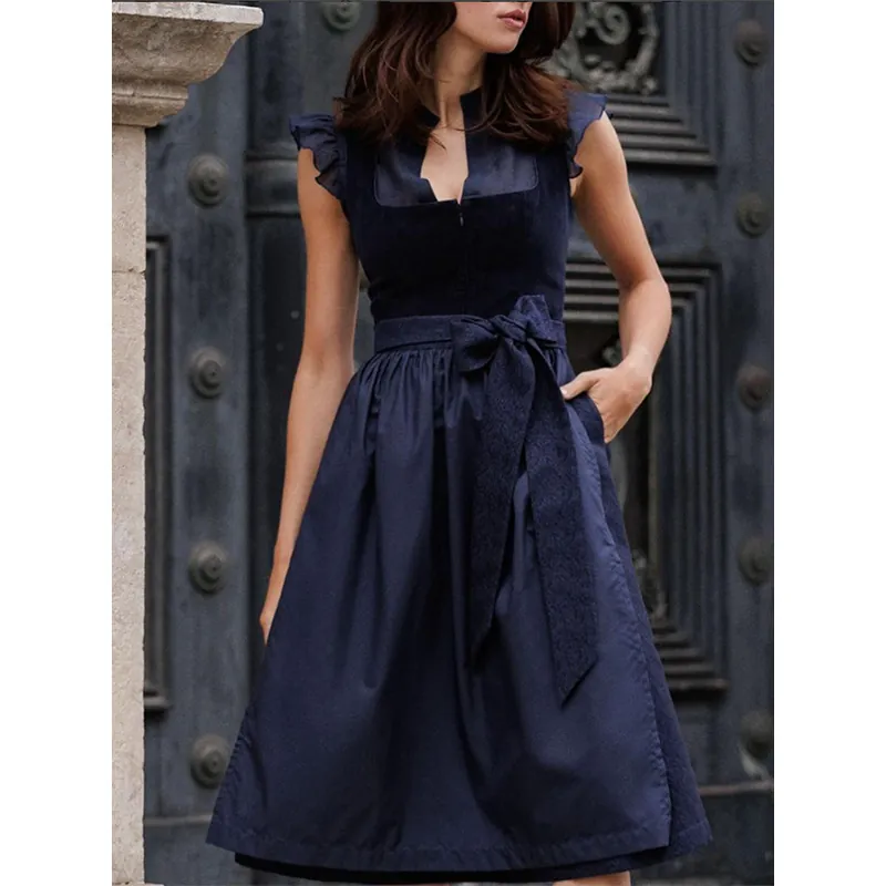Women Traditional Oktoberfest Dirndl Dress Dark Blue Vintage Ruffled A-Line German Beer Festival Party Gown Polyester Dress