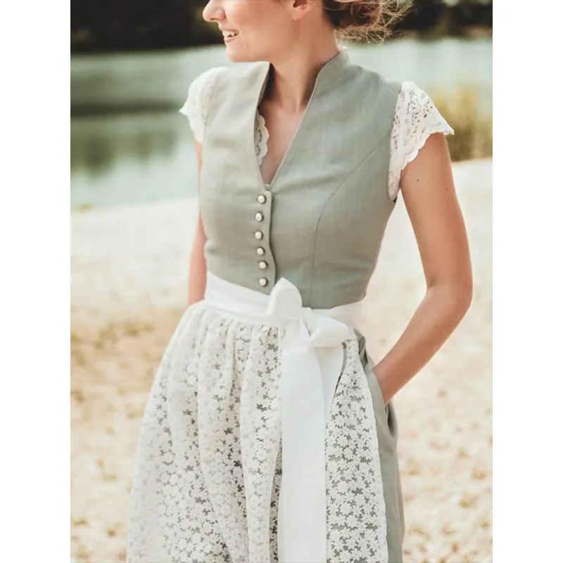Vestido Dirndl Tradicional Alemán para Oktoberfest Mujer Verde Salvia Estilo Bávaro Delantal de Encaje Traje Top And Bottom