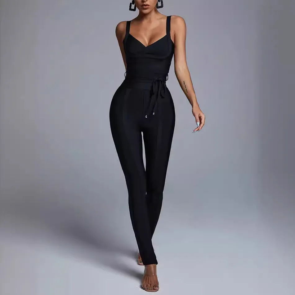 Women Sexy Bandage Jumpsuit Deep V Neck Spaghetti Strap Bodycon Romper Skinny Jumpsuits Clubwear Party Outfit One Piece Top And Bottom