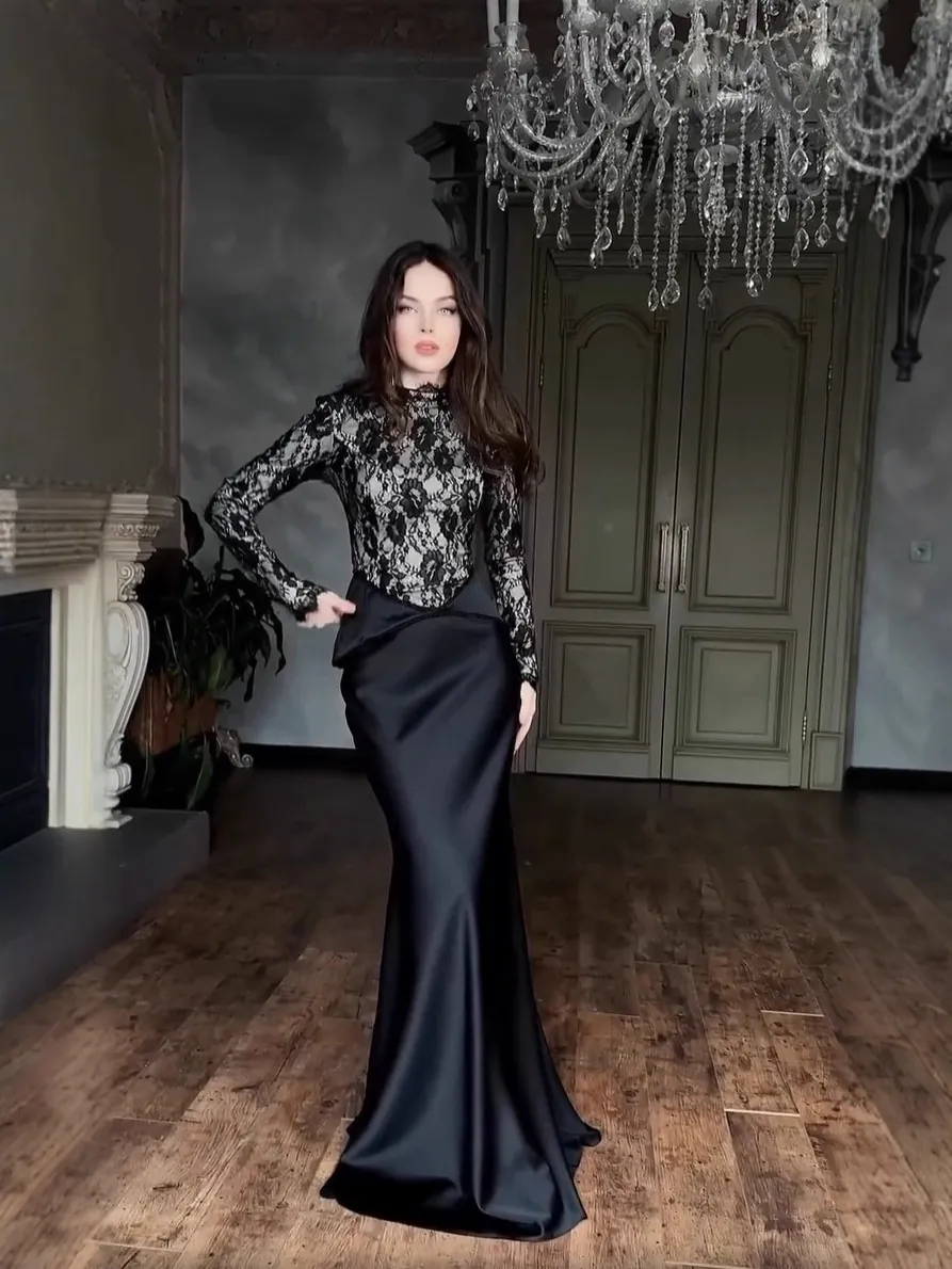 Women Elegant Long Sleeve Patchwork Dress Lace Satin Contrast Color Stand-up Collar Slim Midi Fishtail Evening Party Dress