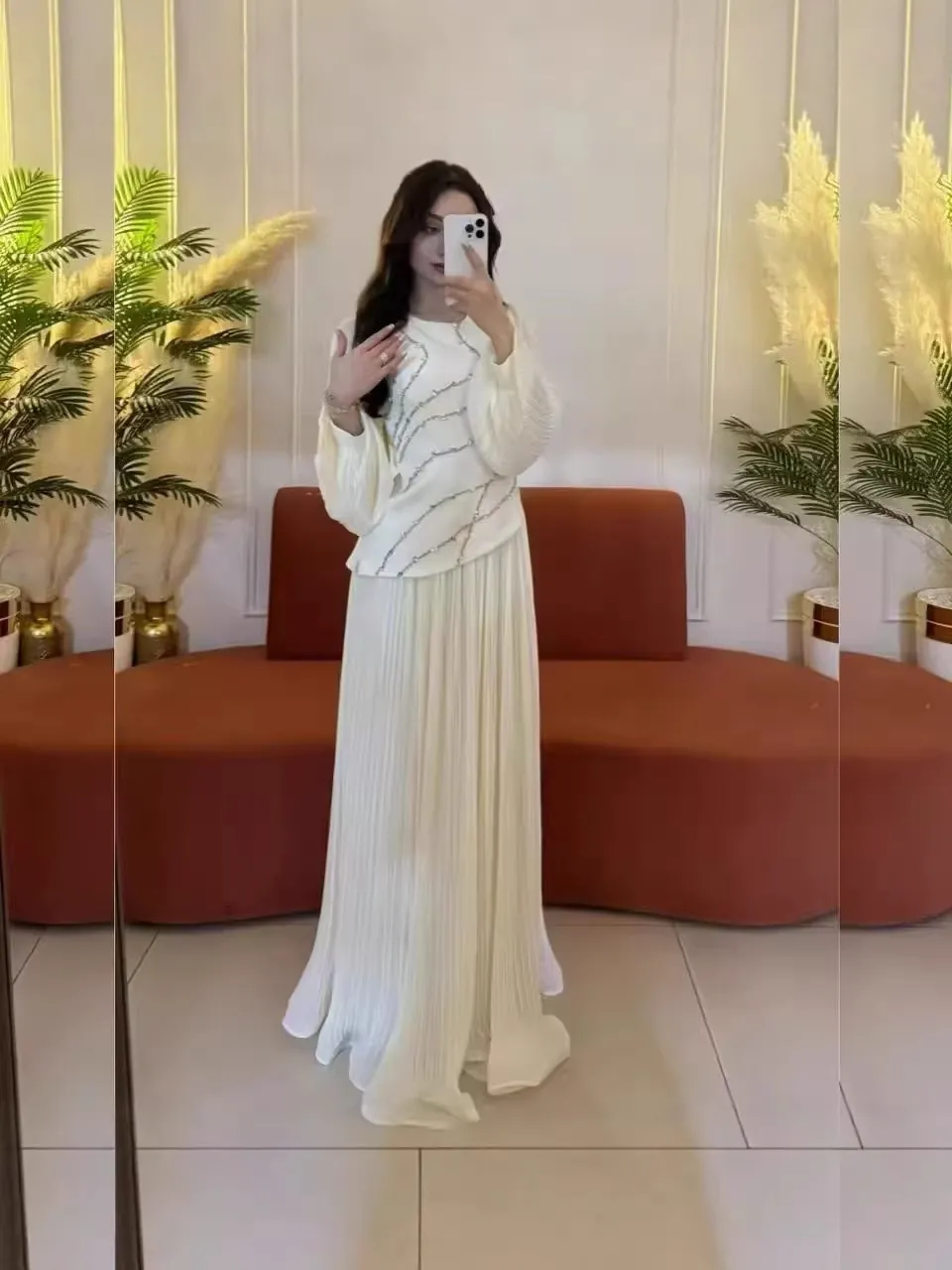 Women's Long Sleeve Pleated Maxi Dress Rhinestone Embellished Tie-Dye Texture Top And Bottom For Casual Party Banquet