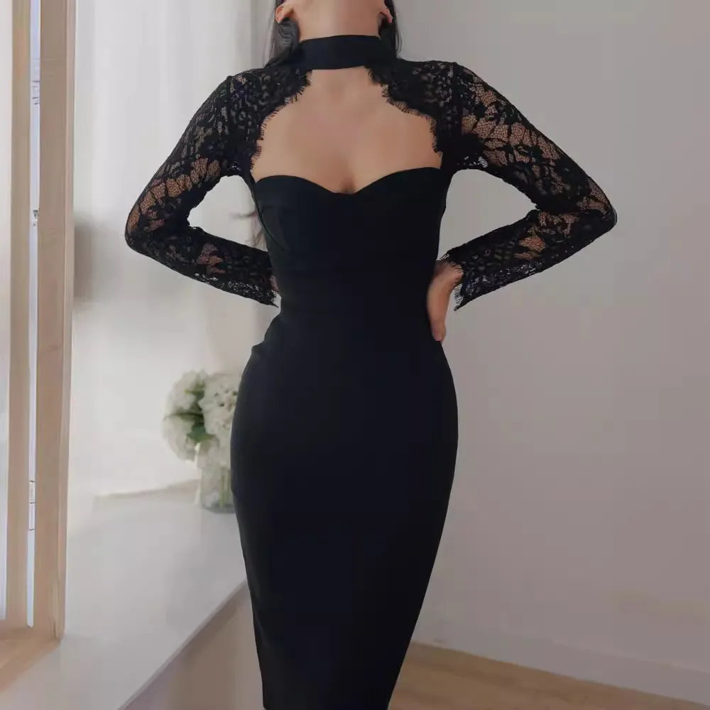 Women Sexy Halter Lace Mesh Patchwork Bandage Midi Dress Elegant Long Sleeve Bodycon Party Evening Dress Back Zipper
