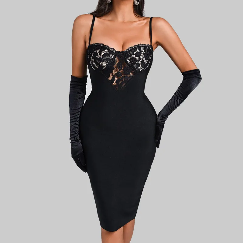 Women Sexy Lace Patchwork Bandage Midi Dress Elegant Spaghetti Strap Backless Bodycon Party Dress With Gloves Evening Celebrity Vestido