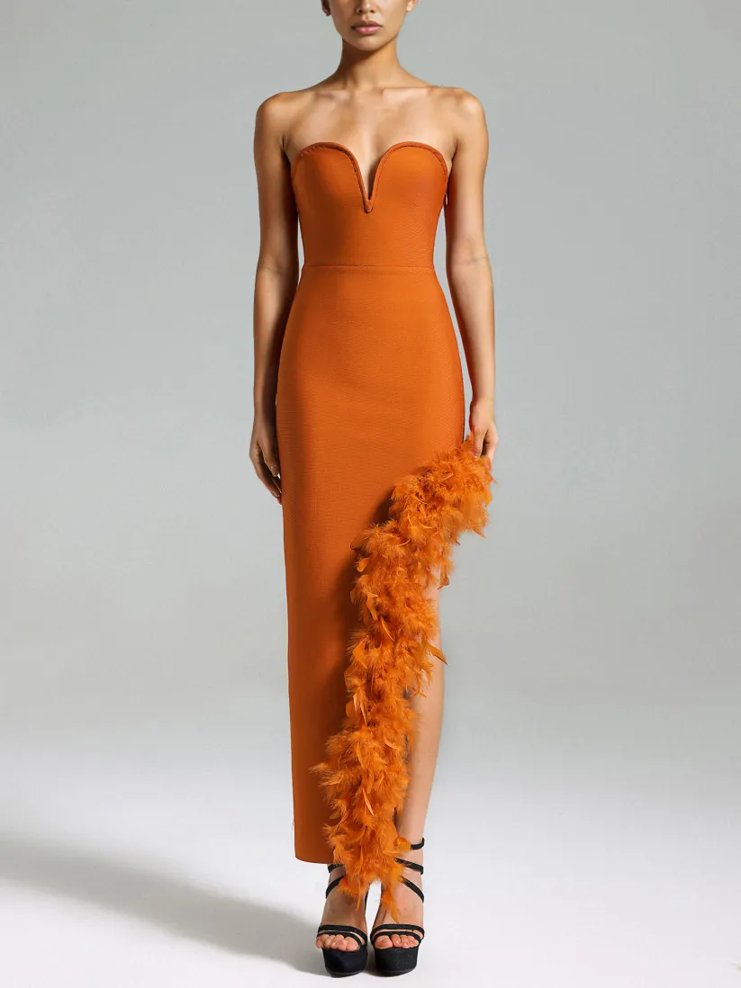 Damen Sexy Trägerloses V-Ausschnitt Bandage Kleid Rückenfrei Federbesatz Hoher Schlitz Elegantes Figurbetontes Abendparty Maxi Kleid