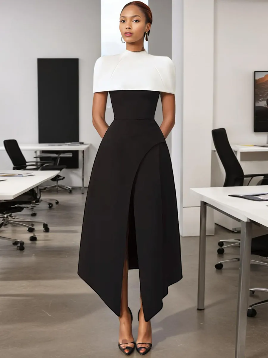 Französisches Elegantes Schwarz-Weiß Farbblock-Set Damen Sommer Neues Schlankes Asymmetrisches Party Bankett Kleid