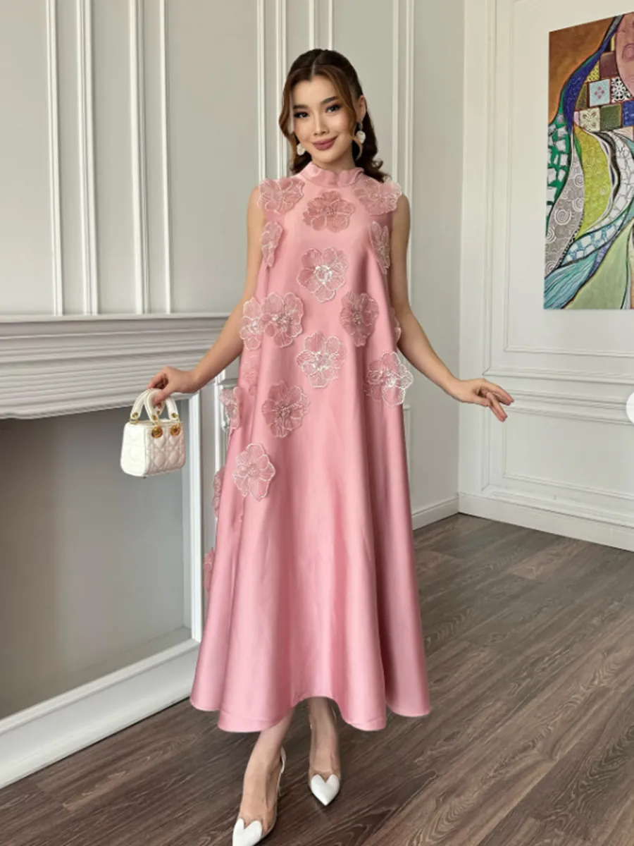 Élégante Robe Maxi Femme Applique Florale 3D Sans Manches Ligne A Strass Luxe Style Célébrité Robe de Soirée