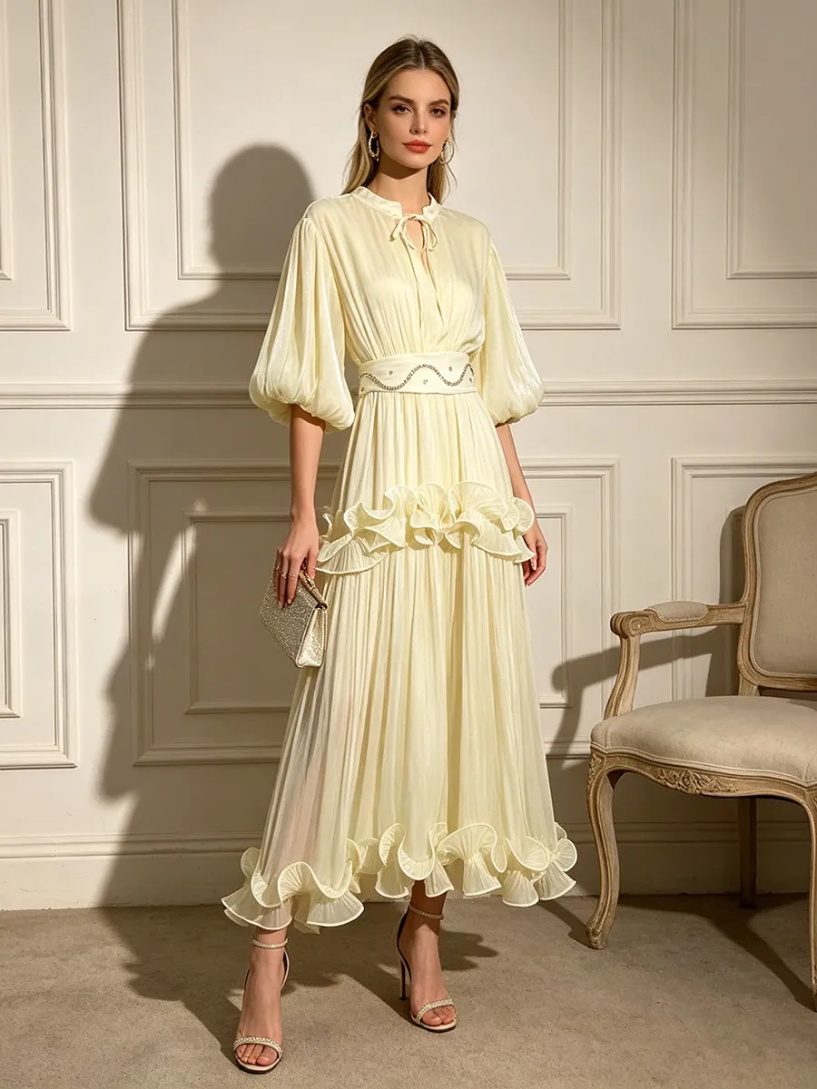 French Elegant Polyester Maxi Dress For Women Puff Sleeve Ruffle Patchwork Summer Long Dress With Rhinestone Waistband