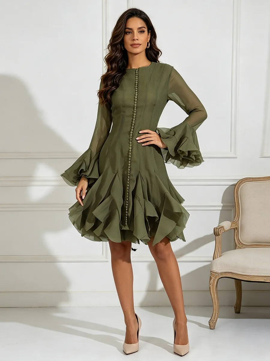 Dames Franse Elegante Midi Jurk Ronde Hals Polyester Klokmouwen Gelaagde Ruffle Zoom Slanke Pasvorm A-Lijn Patchwork Jurk