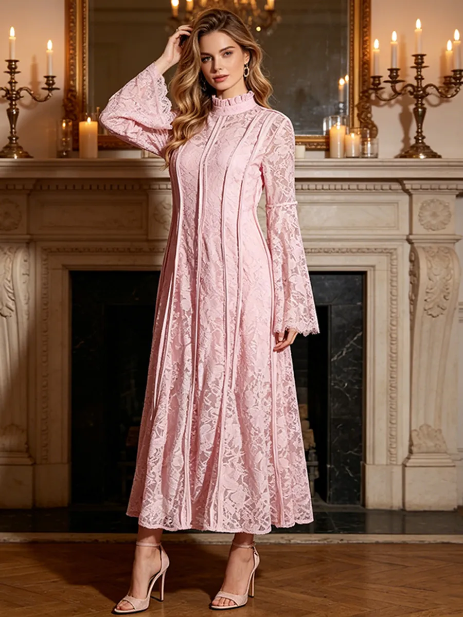 Women Elegant Lace Patchwork Maxi Dress Stand Collar Flare Sleeve Slim Fit Embroidered Polyester Floral Dress Long Gown