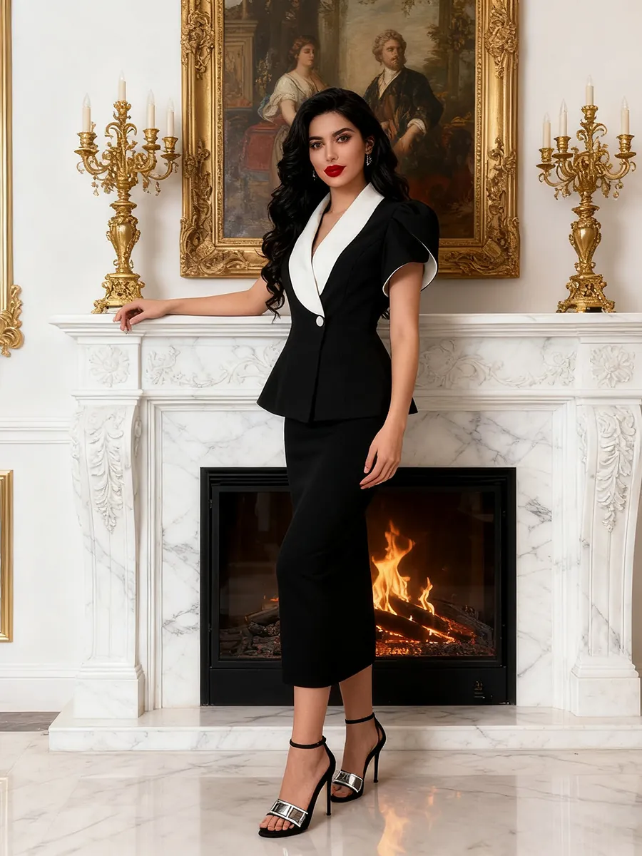 Damen Rock Set Polyester Baumwolle V Ausschnitt Farbblock Kurzarm Peplum Top Und Hohe Taille Midi Bleistiftrock Oberteil und Unterteil
