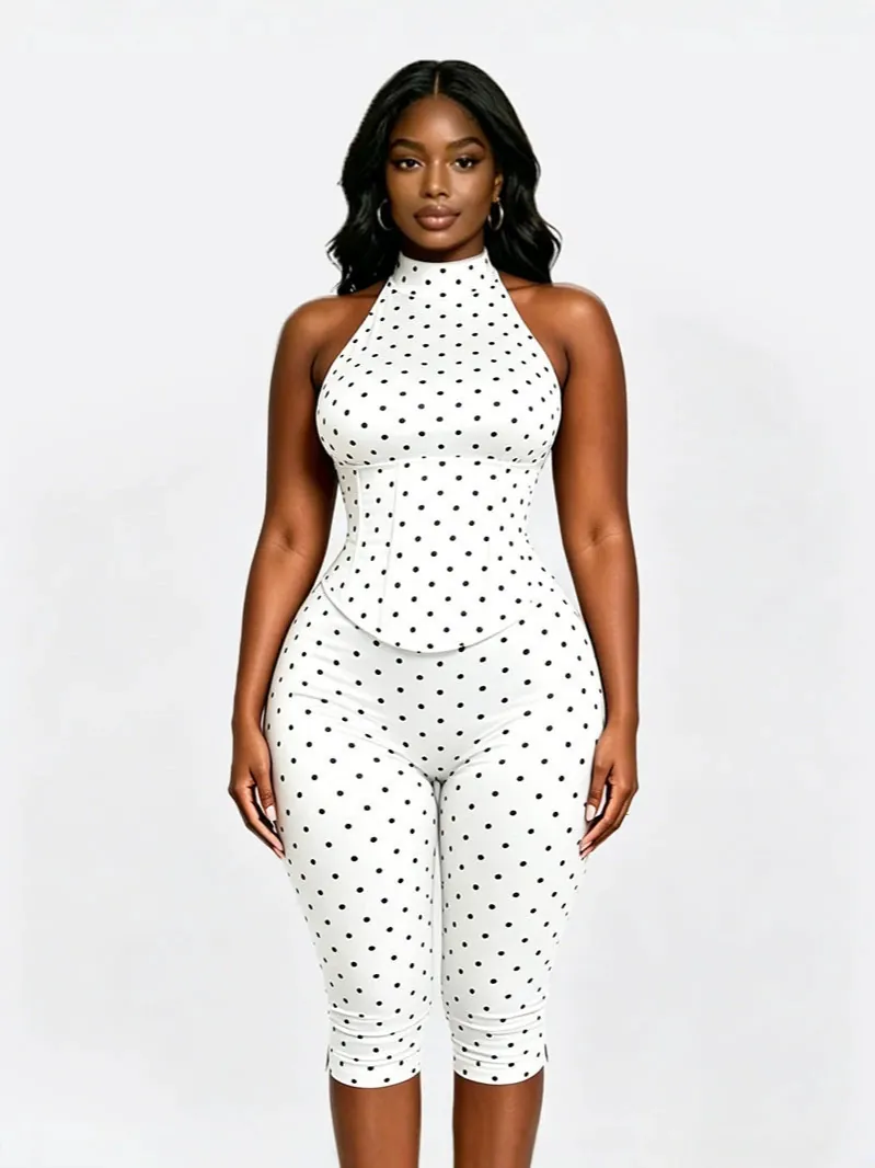 Combinaison à Pois pour Femmes Col Dos Nu Faux Deux-Pièces Taille Baleinée Pantalon Sept-Huitième Coupe Slim Sans Manches Polyester