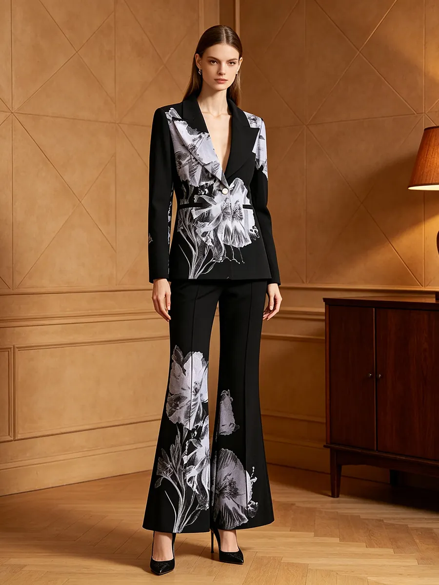 Women Elegant Floral Print Blazer And Flare Pants Top And Bottom Long Sleeve Single Breasted Suit Outfit For Work Social