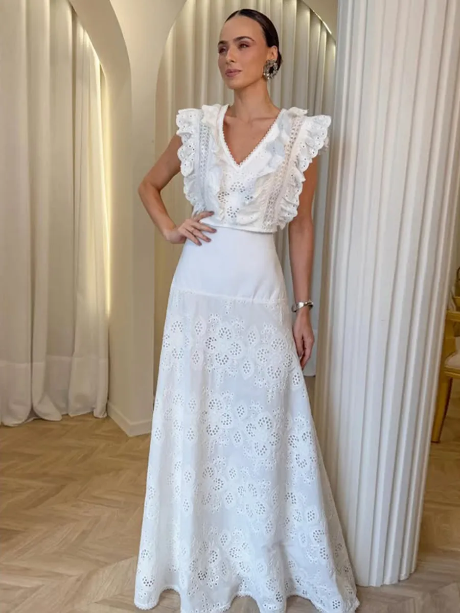 French Vintage Lace Embroidery Hollow Out Top And Bottom Skirt Set Women Flutter Sleeve Short Top High Waist Long Skirt Elegant Outfit