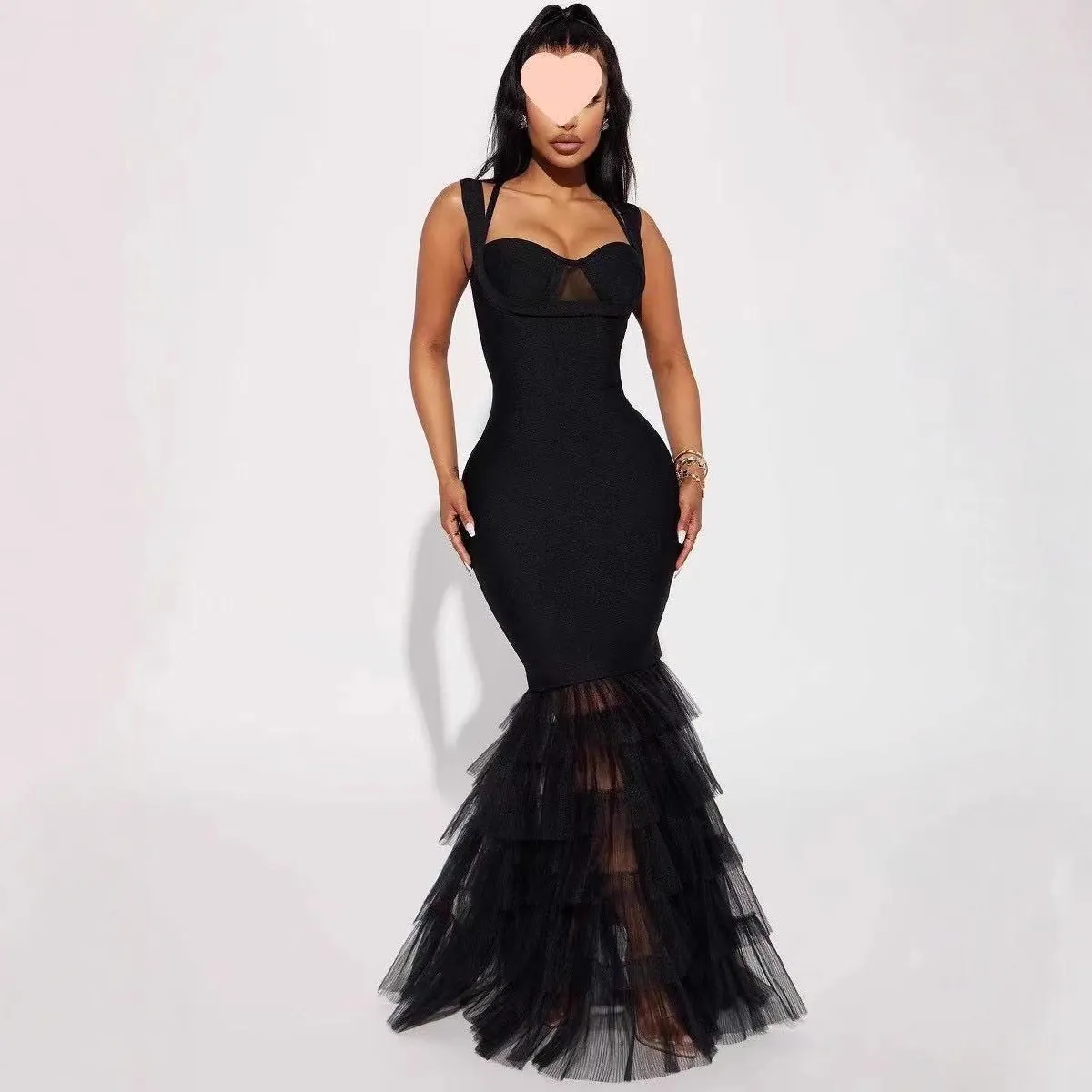 Abito da Sera Donna Sexy a Sirena con Spalline e Splicing in Mesh Bodycon Maxi Gown Strascico Festa Matrimonio Top And Bottom
