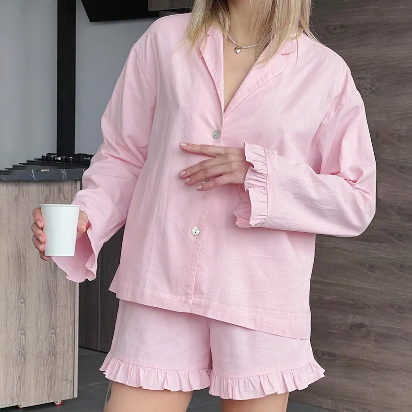 Pyjama en Coton pour Femmes Ensemble Haut Manches Longues Et Short à Volants Boutonné Loungewear Décontracté Couleur Unie