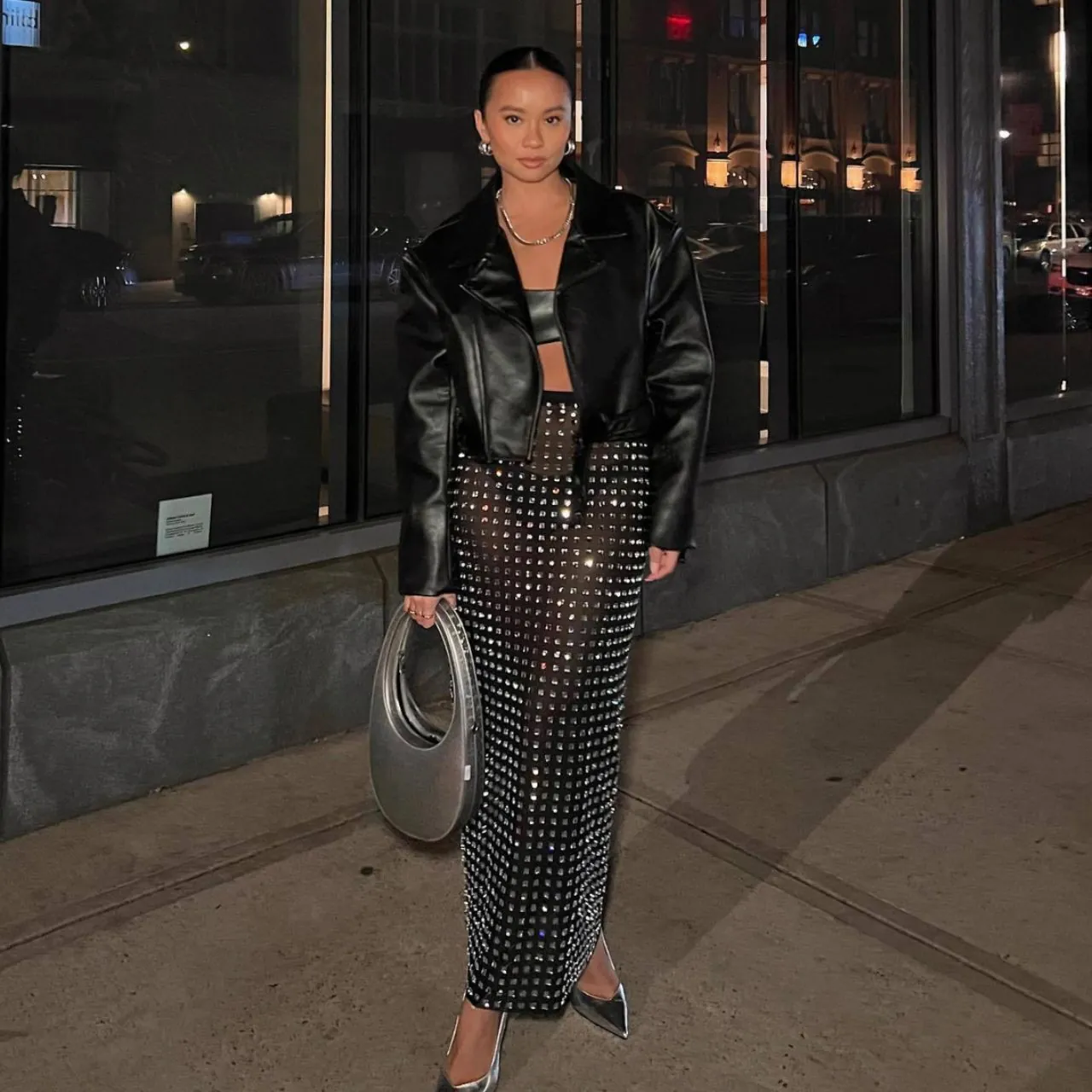 Women Sexy See Through Mesh Midi Hip Skirt Square Rhinestone Embellished Hot Spicy Top And Bottom Streetwear Party Wear