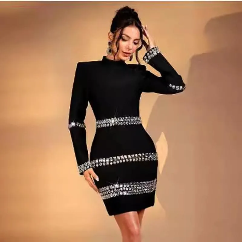 Women Elegant Black High Neck Long Sleeve Bandage Mini Dress Luxurious Rhinestone Embellished Bodycon Evening Party Clubwear