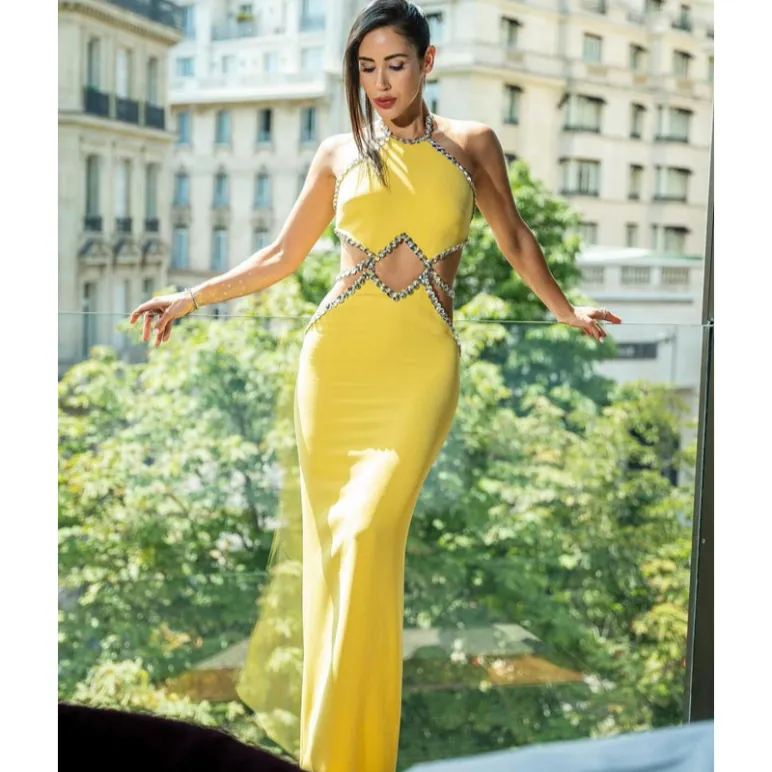 Women Halter Neck Cut Out Maxi Dress Lemon Yellow Rhinestone Embellished Sexy Slim Fit Party Vacation Long Dress Top And Bottom