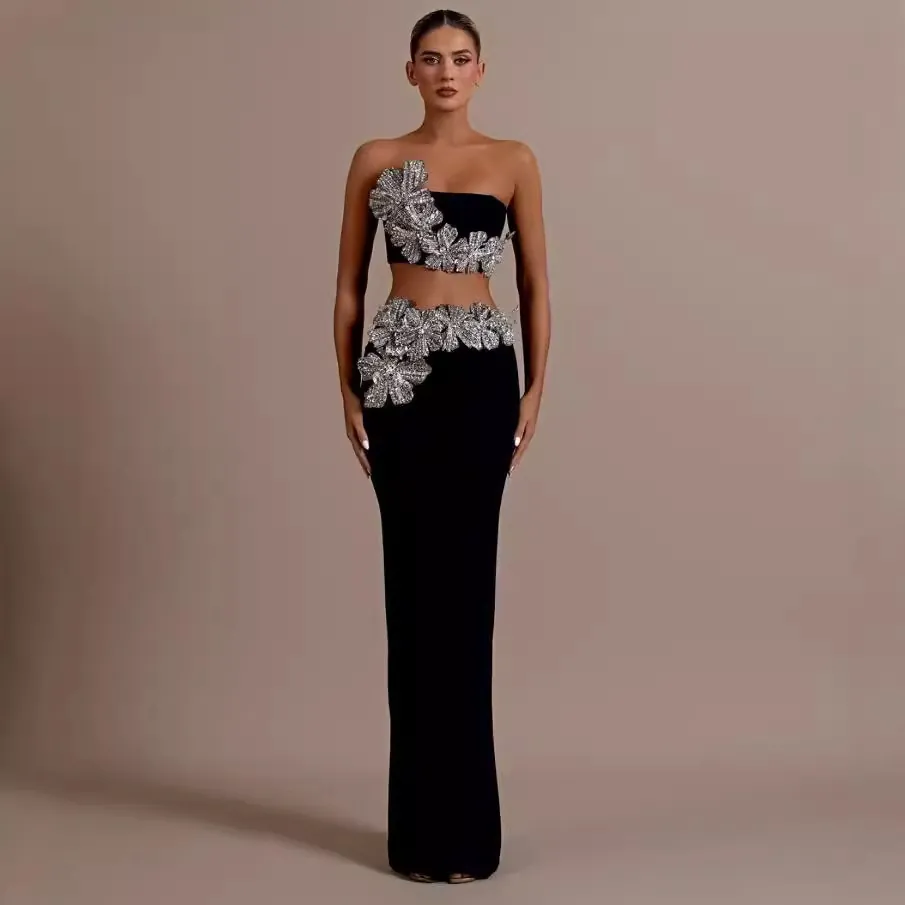 Conjunto de Top Y Parte Inferior Elegante para Mujer Strass Flor Negro Vendaje Tube Top Falda Maxi de Cintura Alta
