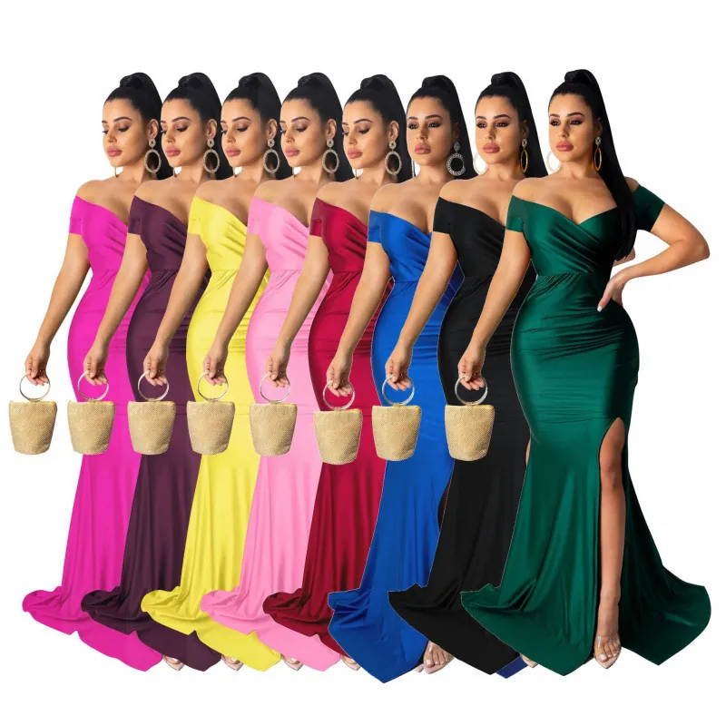 Robe Maxi Sexy Épaules Dénudées Col en V Avec Fente Haute Élégante Robe de Soirée Bodycon Sirène pour Femme Robe de Soirée