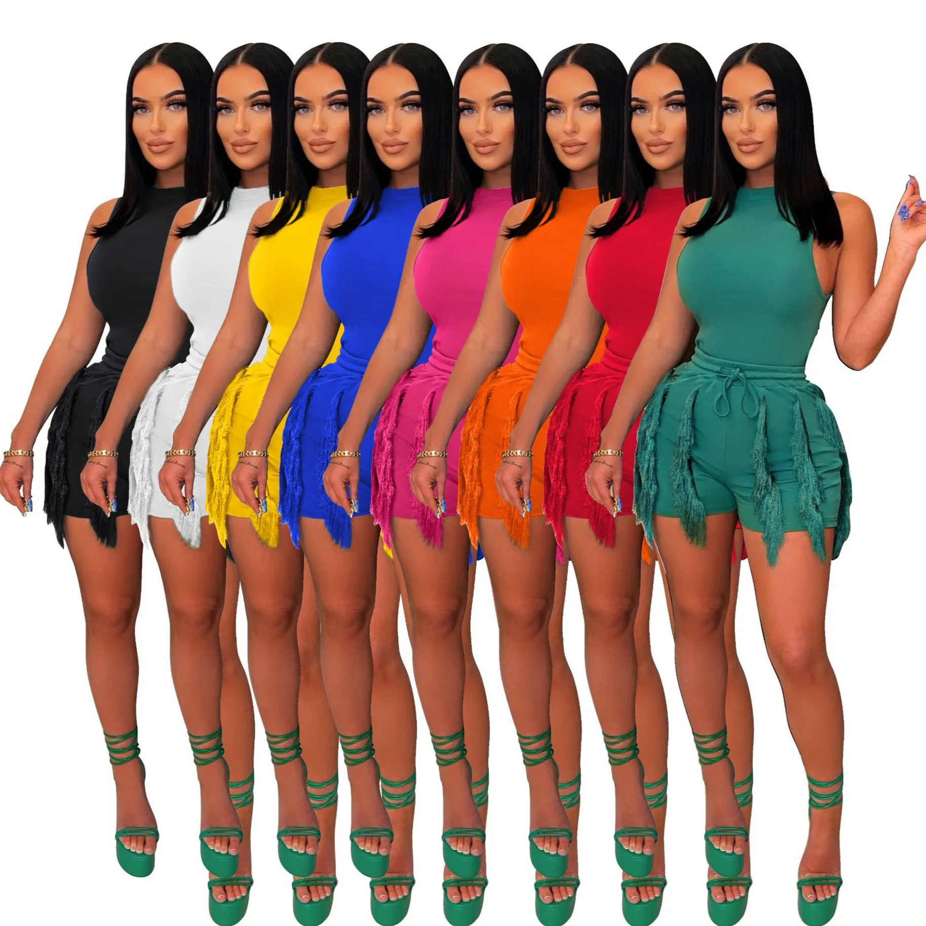 Women Summer Casual Two Piece Set Sleeveless Round Neck Tank Top And Tassel Trim Shorts Solid Color Fashion Streetwear Matching Outfit