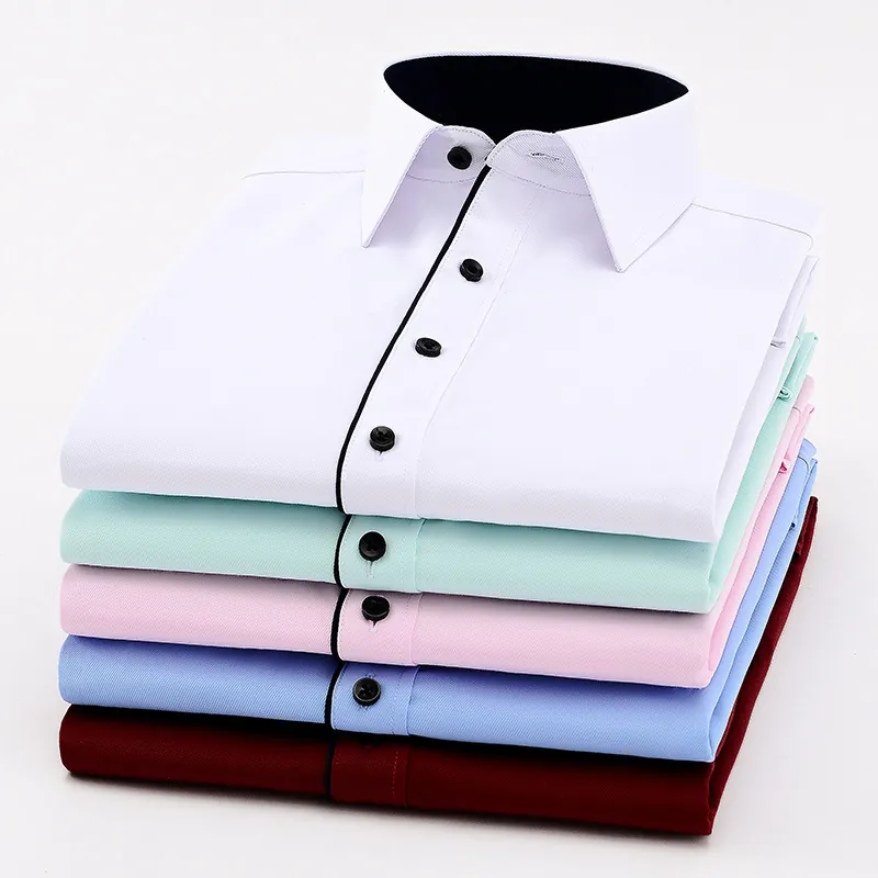 Heren Zakelijk Casual Overhemd Lange Mouw Katoenmix Strijkvrij Slim Fit Overhemd Voor Kantoorwerk Contrastrand Effen Keper Hemd