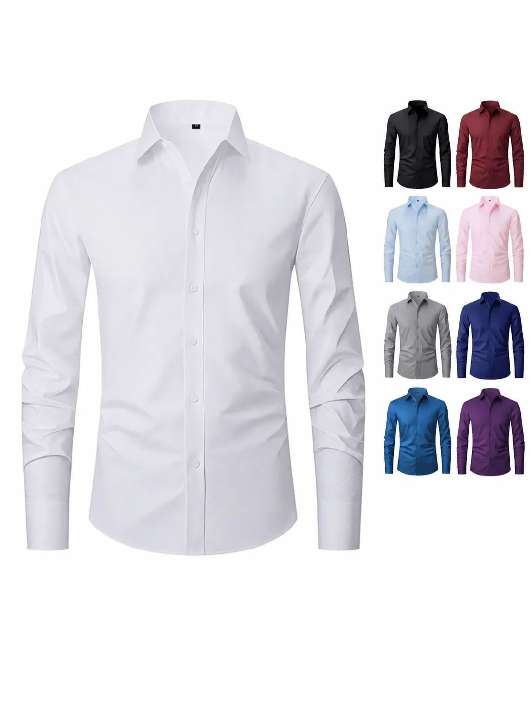 Men's Business Formal Shirt Four-Way Stretch Non-Iron Wrinkle Resistant Long Sleeve Solid Color Slim Fit Professional Office Work Top