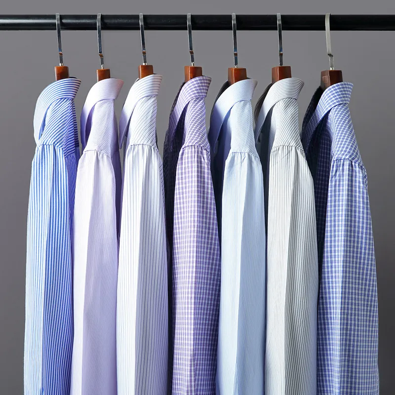 Camisa de Manga Larga Casual de Negocios para Hombre Mezcla de Algodón Rayas Cuadros Sin Planchado Camisa de Vestir Regular Fit