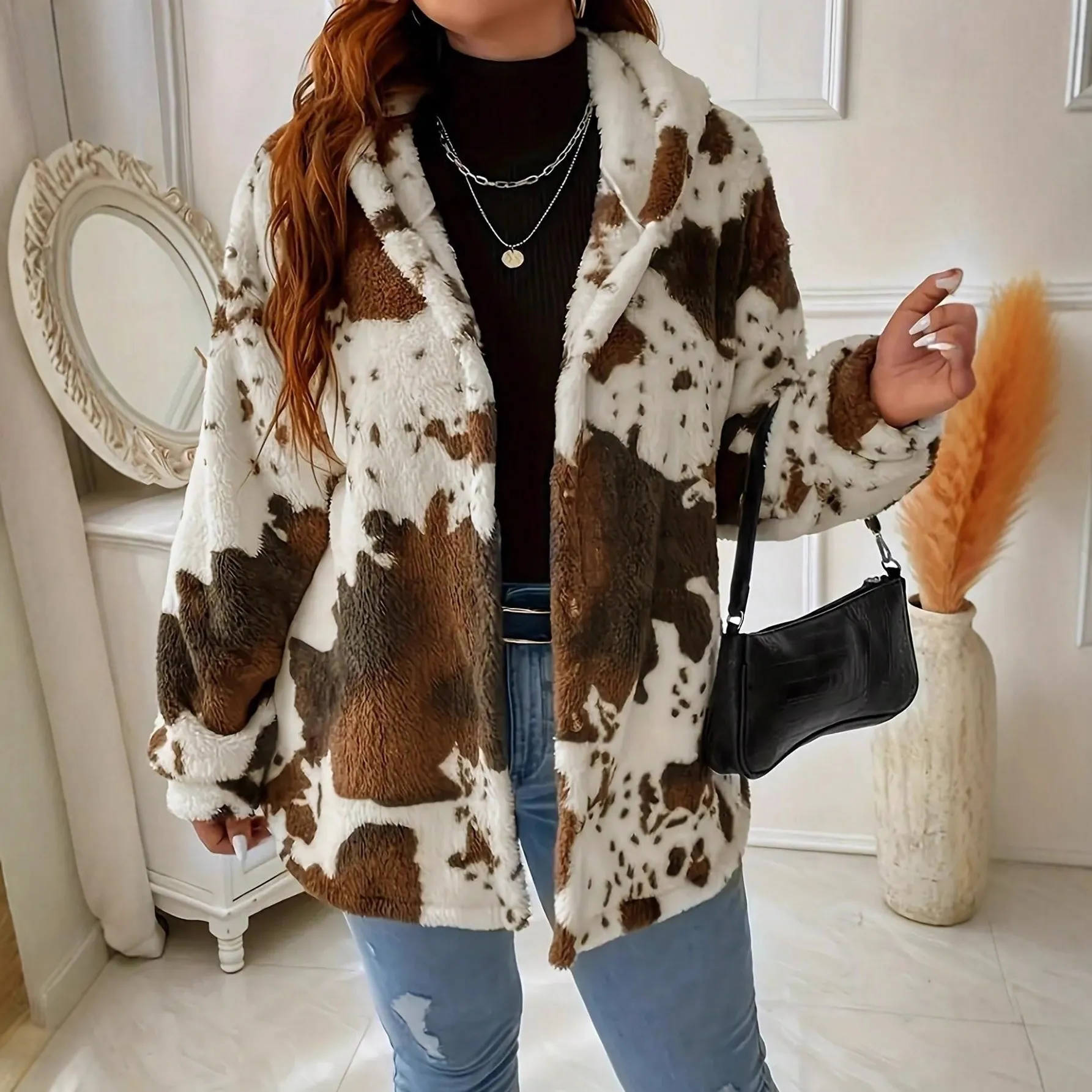 Women Cow Print Faux Fur Hooded Jacket Plush Polyester Button Front Loose Fit Casual Autumn Winter Fashion Warm Outerwear Top