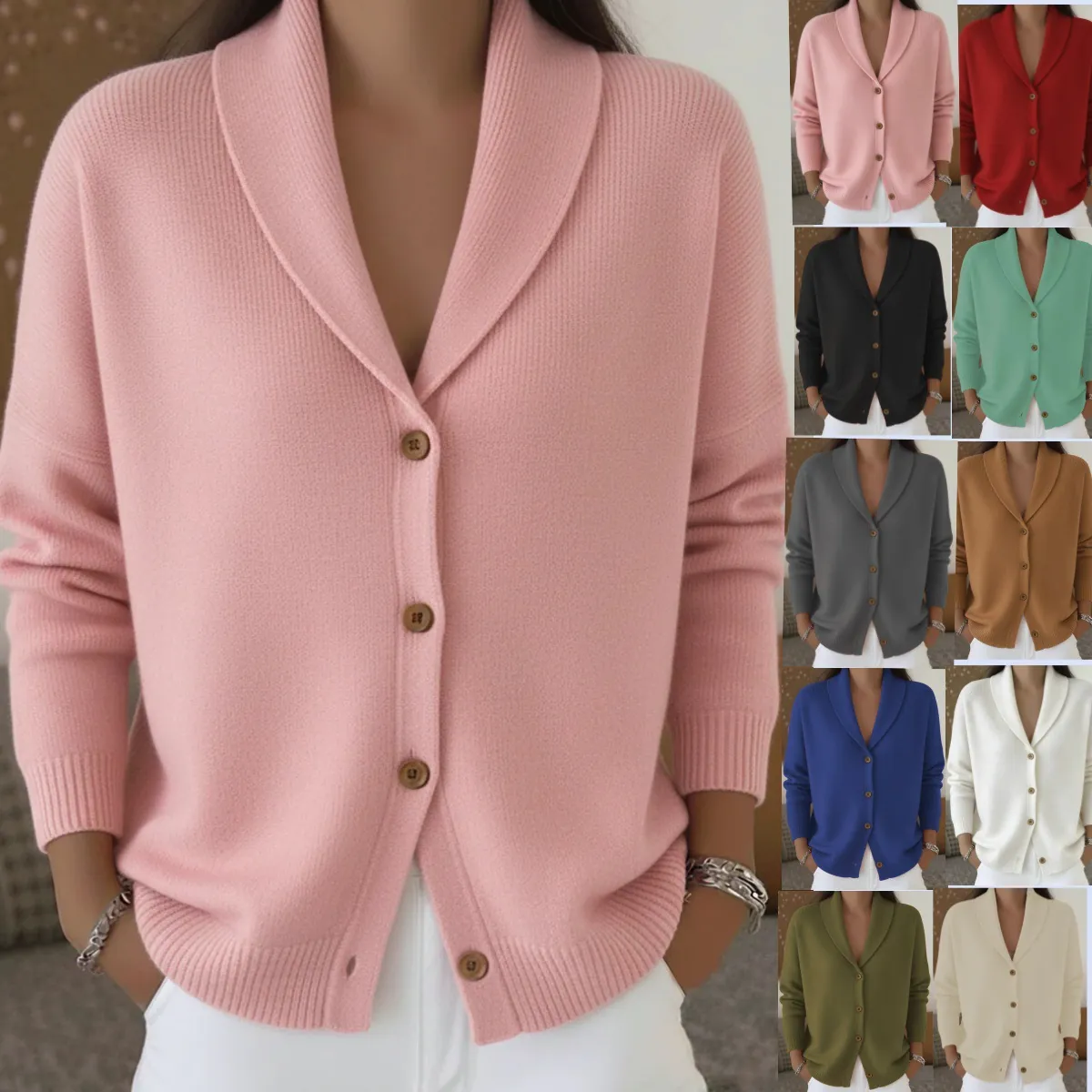 Cárdigan de Punto Casual para Mujer Cuello Chal Abotonadura Sencilla Poliéster Acrílico Color Sólido Holgado Manga Larga