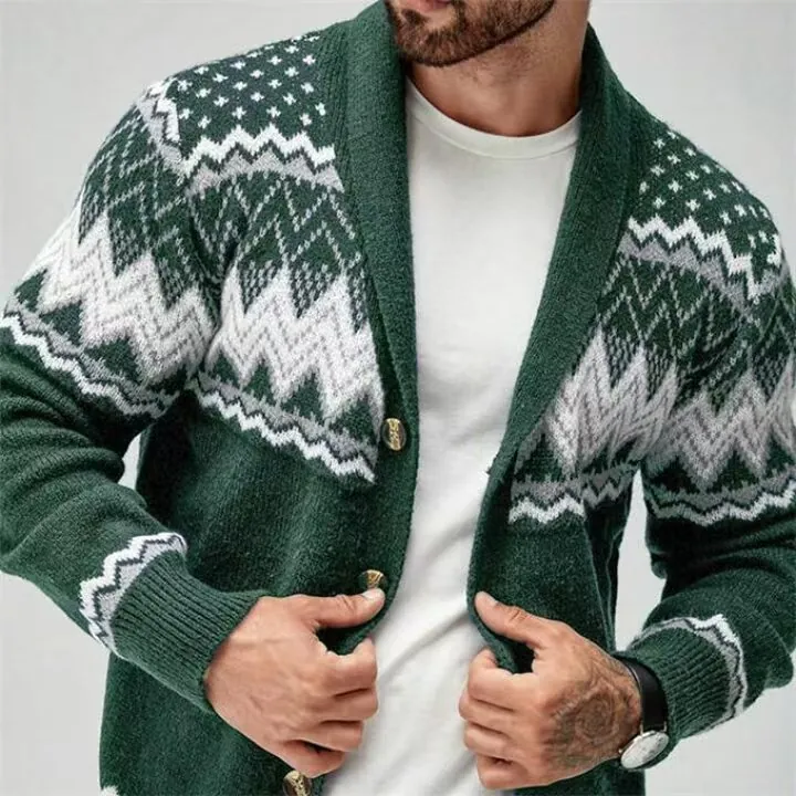 Men's Vintage Geometric Jacquard Knitted Cardigan Sweater Long Sleeve Shawl Collar Button Casual Jacket Top Outerwear