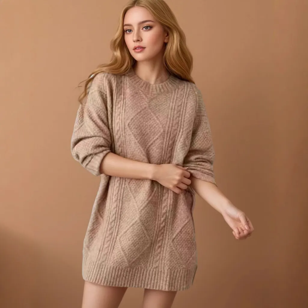 Pull Torsadé Oversize Style Décontracté pour Femmes Rétro Manches Longues Col Rond Pull Mi-Long Couleur Unie Automne Hiver Vêtement Top