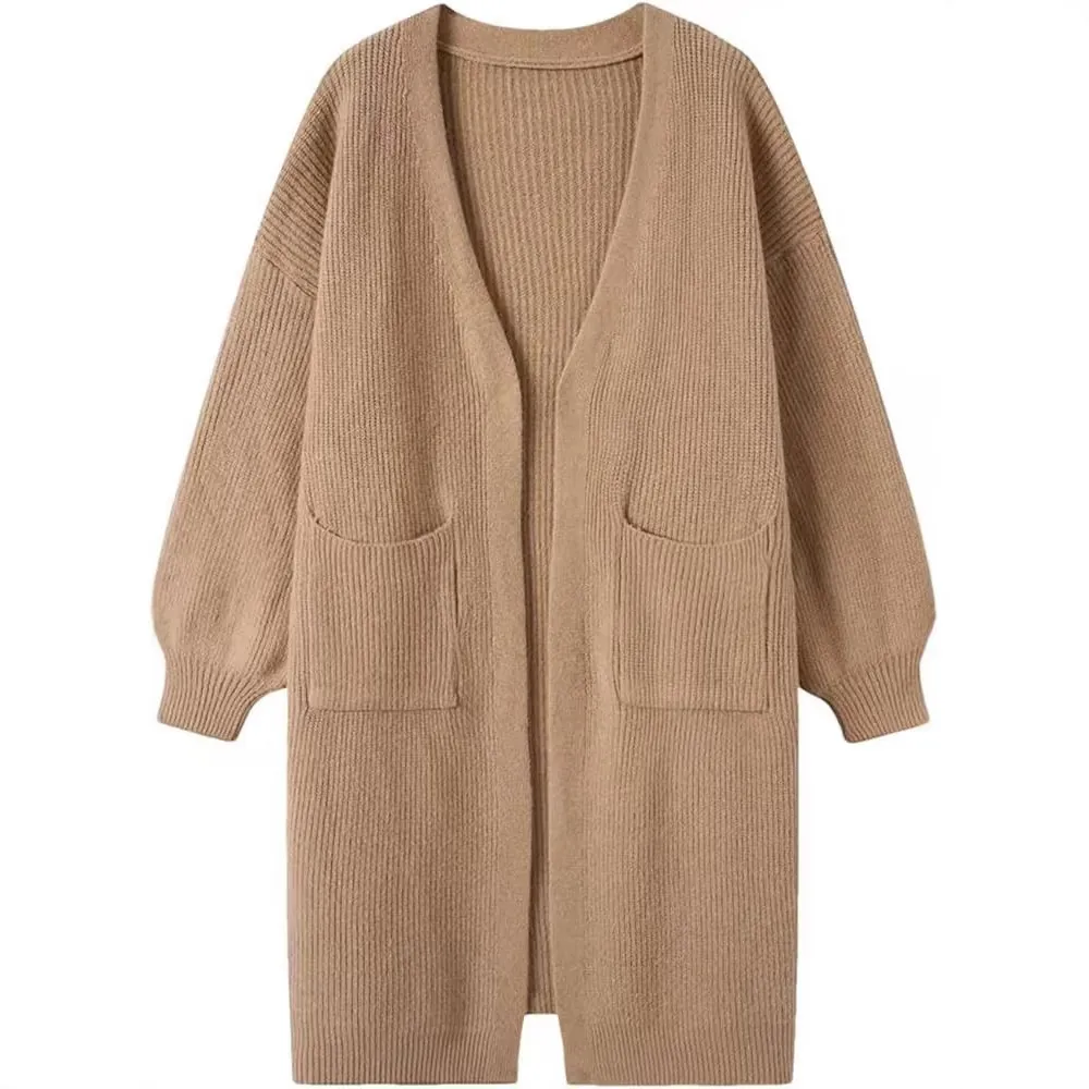 Damen Lange Strickjacke Strickpullover Lose Gerippt Offene Vorderseite Außenbekleidung Mit Taschen Lässig Herbst Winter Mode Strickwaren Top