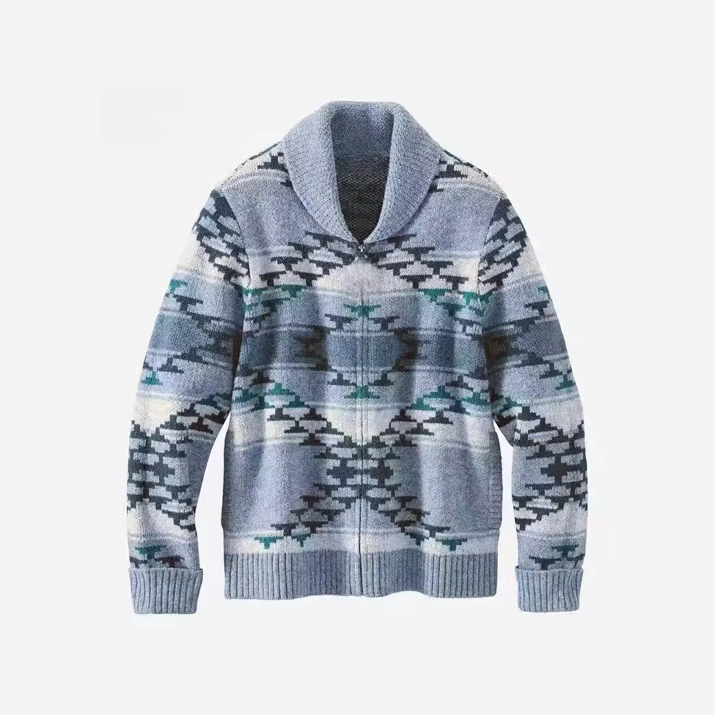 Men Vintage Geometric Jacquard Knitted Cardigan Sweater Shawl Collar Full Zip Top Long Sleeve Casual Thick Outerwear