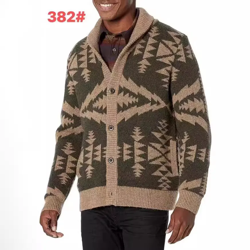 Men Retro Geometric Jacquard Knit Cardigan Shawl Collar Long Sleeve Button Down Sweater Top Casual Vintage Knitwear