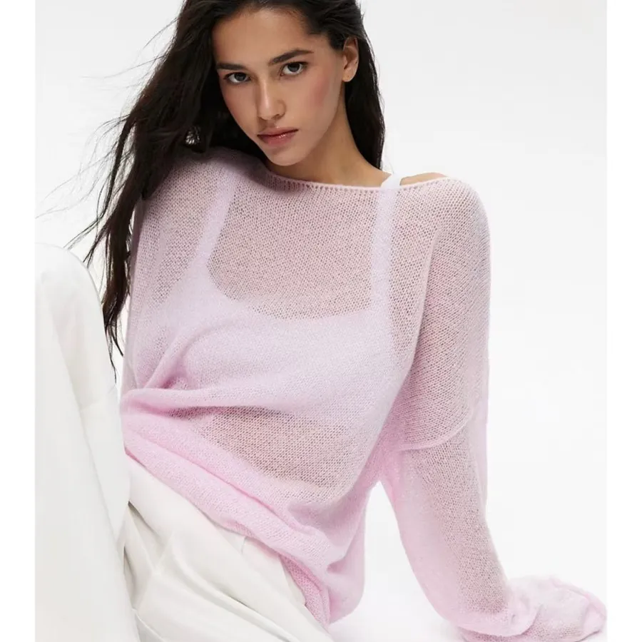 Haut en Tricot Ajouré Sexy pour Femmes Pull en Acrylique Transparent en Filet Col Rond Décontracté Manches Longues Patchwork Tricots