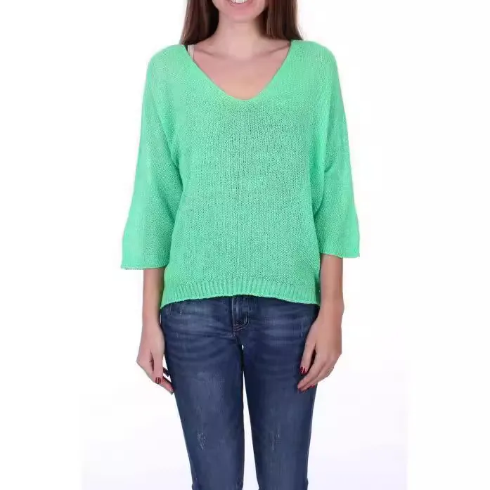 Women Casual V Neck Knitted Sweater Loose 3/4 Sleeve Pullover Top Polyester Solid Color Soft Knitwear For Spring Summer