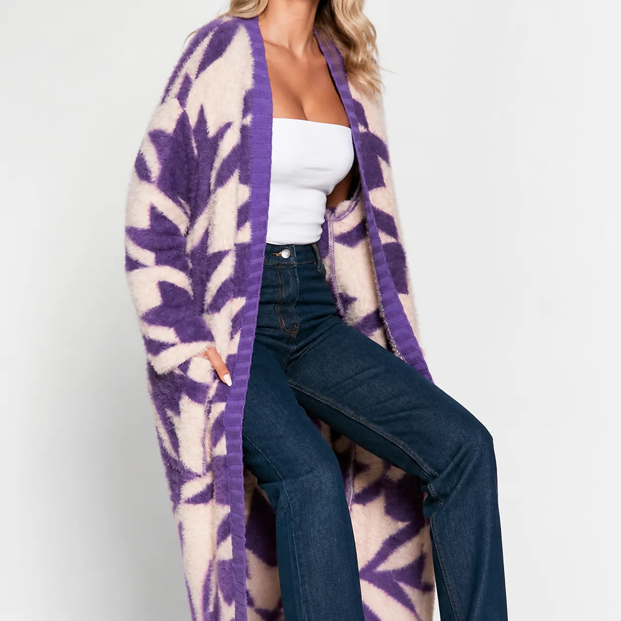 Women Long Houndstooth Knit Cardigan Faux Mink Fur Geometric Open Front Sweater Jacket Retro Loose Warm Outwear Top